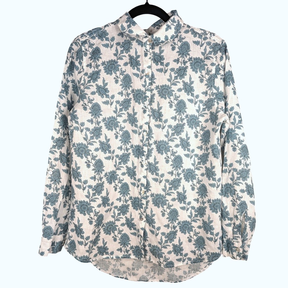 S 100% Linen Floral Button Down Shirt Blue White Cynthia Rowley Womens